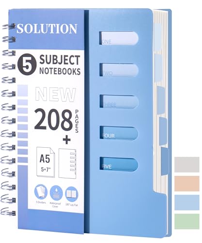 FLYING EAGLE Small 5 Subject Notebook College Ruled Spiral Notebook 5x7 with Dividers Tabs Waterproof Plastic Cover Thick Paper Notebooks for Work School, Blue - color: 4.blue, size: 1.A5-College Ruled