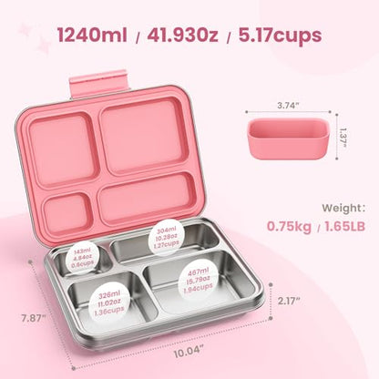 Stainless Steel Bento Box, 4-Compartment Metal Lunch Box with Removable Silicone, Lunch Container for Kids & Adults with Silicone Inner Container, School, Office, Dishwasher Safe(Pink) - color: Pink