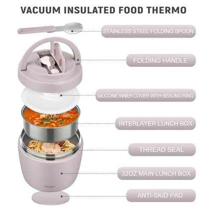 wiwens Thermo Food Jar for Hot Food Adults 32OZ Soup Thermo Lunch Containers Wide Mouth Vacuum Insulated Stainless Steel Leakproof Bento Box with Spoon (Purple) - color: Purple