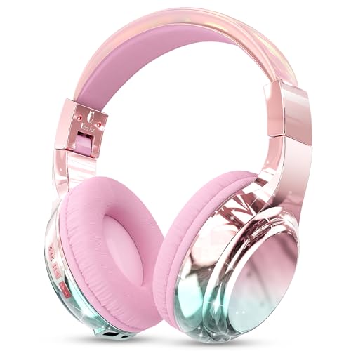 QearFun Kids Bluetooth Headphones, 60H Playtime, 74/85/94dB Safe Volume Limit, Metallic Gradient Wireless Headset with HD Mic, Fast Charging, Foldable, Wired 3.5mm Mode for School/Tablet/Travels - color: Pink