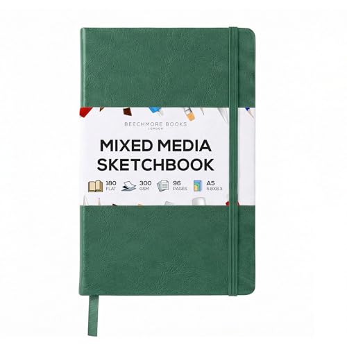 Beechmore Books 300 GSM Heavyweight Mixed Media Sketchbook A5 5.8"x8.3" - 96 Pages, Vegan Leather Hardcover Professional Art Journal for Paintings, Gouache and Ink - color: Dartmouth Green, size: A5 - 5" x 8" Medium