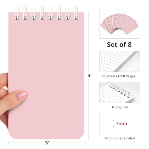 Taja Set of 8 Mini Pocket Notebook Top Spiral Nursing Notepads | Pink 3" x 5", Mini Little Spiral Notebook, Nursing Notepad, Perfect for Work, School, Office, Nurse, Travel - color: H.Pink