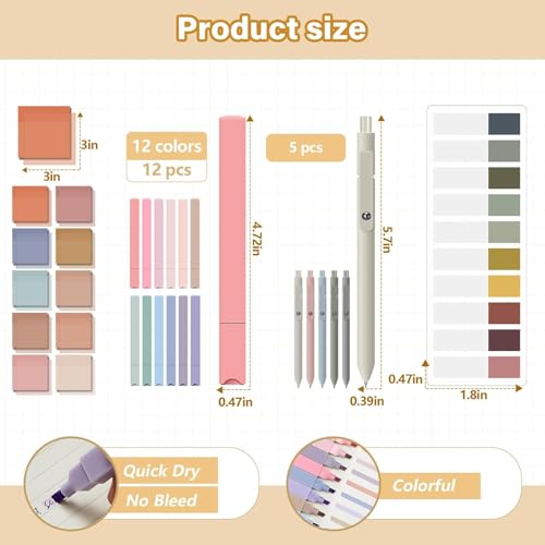 Jutom 39 Pcs Aesthetic Book Annotation Kit Highlighter with Case Bag Gel Pen Transparent Sticky Note Taking Bible Supplies(Khaki,Cute Style) - color: Khaki, style: Cute Style