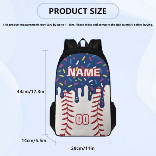 Personalized Baseball Drip School Backpack Kids Bookbag for Boys Girls,Custom Text Name Number 4 Piece Navy Ice Cream Baseball Backpacks with Lunch Box, Pencil Case & Water Bottle Sleeve - color: X-custom