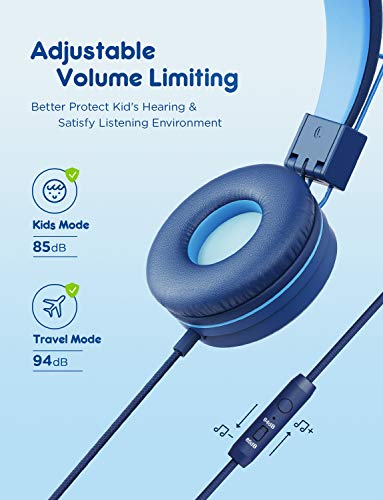 iClever HS14 Kids Wired Headphones, Light Blue, 85dB Volume Limiter, Stereo Sound, Built-in Mic, 3.5mm Audio Jack Compatible, 6.1 Ounces - color: Light Blue