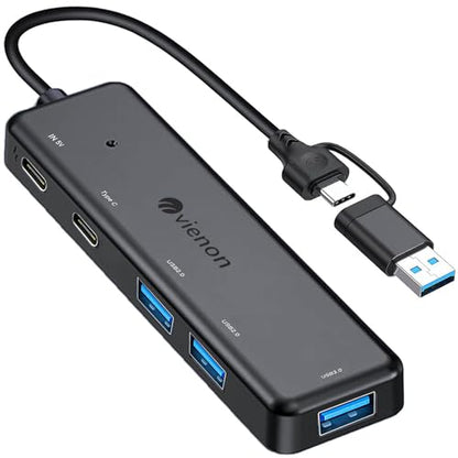 VIENON USB 3.0 Hub (5 in 1), USB C Hub, USB C to USB 3.0 Hub Adapter with USB C Power/Data Ports, USB Extender USB A&C Docking Station for Laptop PC MacBook Dell, HP, PS4/5, SSD and More