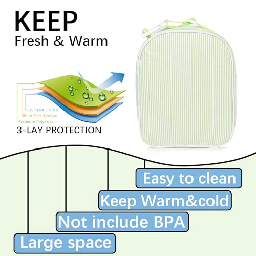 MT WORLD Personalized Lunch Bag Tote Custom Embroidery Name Reusable Seersucker Stripe Pattern Insulated Lunch Box - color: Green