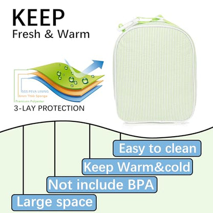 MT WORLD Personalized Lunch Bag Tote Custom Embroidery Name Reusable Seersucker Stripe Pattern Insulated Lunch Box - color: Green