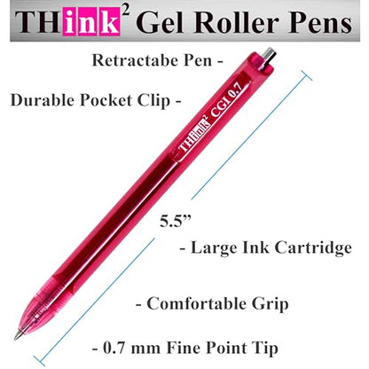 [24 Pens - Pink Ink] Think2 0.7mm CGI Retractable Gel Pens. (24 Pink) Medium Point Rollerball Pens with Smooth Quick Drying Ink. - color: Pink