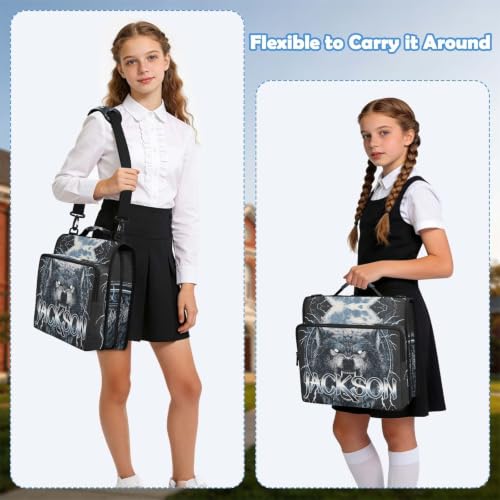 Custom Binder Bag Personalized Moon and Wolf 3 Ring Zipper Binder Bag with Laptop Pockets and Shoulder Strap Tote Binders Organizer Case for School Office - color: Custom Wolf
