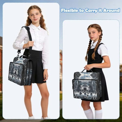 Custom Binder Bag Personalized Moon and Wolf 3 Ring Zipper Binder Bag with Laptop Pockets and Shoulder Strap Tote Binders Organizer Case for School Office - color: Custom Wolf