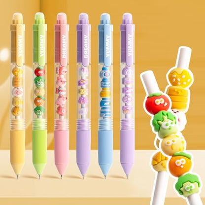 6 Pack Cute Cartoon Gel Pens, 0.5mm Fine Point Quick Dry Black Ink Smooth Writing Pens, Retractable Ballpoint for Journaling Planner(Funny Animals Fruits Snacks DIY Designs)