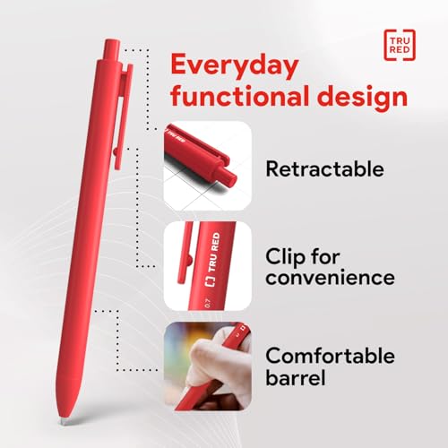 TRU RED Retractable Gel Pens, Medium Point 0.7mm, Red Ink, 12 Pack – Quick‑Dry Pens for Grading, Editing & Mark‑Up - color: Red, size: 12 Pack, style: Medium Point