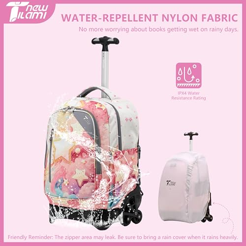 NEW TILAMI Girls 18 inch Rolling Backpack - Large Capacity, Waterproof, Adjustable Handle, Stylish Design, Ideal for School & Travel, Starshine - color: Starshine