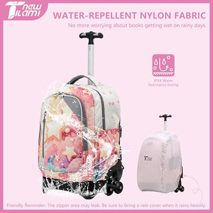 NEW TILAMI 18-Inch 6-Wheel Rolling Backpack for Kids, Starshine | Adjustable Shoulder Straps Padded Back Panel Top Carry Handle Tuck-Away Trolley Handle Carry Options - color: Starshine