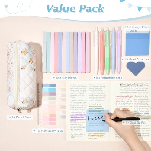22Pcs Book Annotation Kit Aesthetic Pencil Case with Supplies School Annotation Supplies Gel Pen Transparent Sticky Note Taking Bible Study College Stationery Supplie (Patchwork Flowers) - color: Patchwork Flowers