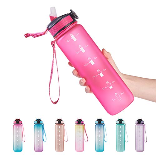 EYQ 32 oz Water Bottle with Time Marker, Carry Strap, Leak-Proof Tritan BPA-Free, Ensure You Drink Enough Water for Fitness, Gym, Camping, Outdoor Sports - color: R
