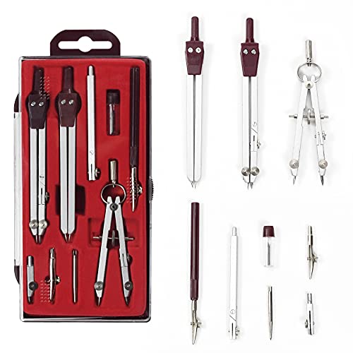 UNJOO 9Pc Geometry Set Metal Compass, Geometry Precision Tool (Red) | Circle Drawing Tool and Architecture, Drafting Kits for Engineer with Shatterproof Storage Box