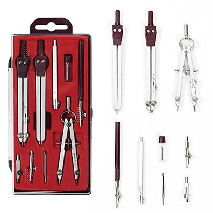 UNJOO 9Pc Geometry Set Metal Compass, Geometry Precision Tool (Red) | Circle Drawing Tool and Architecture, Drafting Kits for Engineer with Shatterproof Storage Box