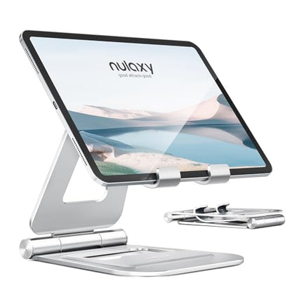 Nulaxy Aluminum Dual Foldable iPad Stand, Fully Adjustable Desktop Tablet Holder, Tablet Accessories for Office Kindle Compatible with Mobile Devices iPad Pro/Air/Mini, iPhone Pro/Max/Plus, Silver - color: B-Silver