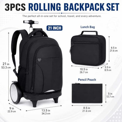AGSDON Quiet Glide Rolling Backpack with Lunch Box Set - Large Wheel Water-Resistant Wheeled Bag for Business, Travel, and College | Black 3-in-1 Organizer Backpack - color: Reflective Black - Rolling Backpack