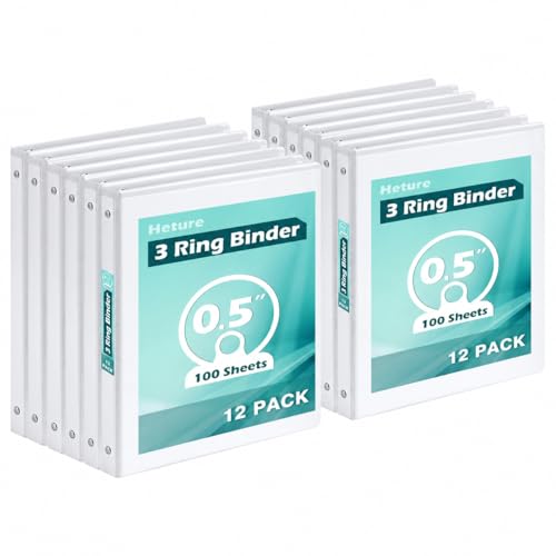 0.5 Inch 3 Ring Binders 12 Pack, PVC Free, Slim Presentation Binder Holds 100 Sheets, Clear View Cover with 2 Interior Pockets for Office, Meetings and Professional Documents - color: White, size: 0.5 Inch