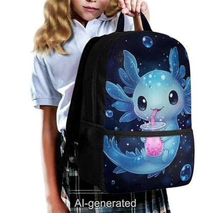 Blue Axolotl Kids School Backpack Set 5 Pieces with Lunch Bag Pencil Case and Water Bottle Carrier Large Capacity Backpack for Elementary Middle School and Travel - color: Blue Axolotl