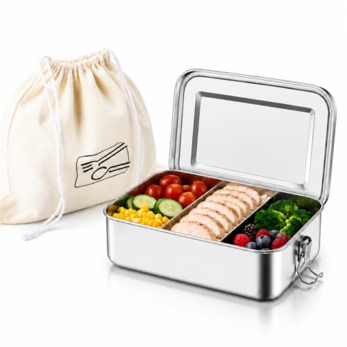 TeamFar Stainless Steel Bento Box, 81oz/2400ML Large Metal Lunch Box | Metal Lunch Container for Adults/Kids, for Home/School/Office/Travel, with 2 Removable Dividers, Leak-Proof & Dishwasher Safe - size: 2400ML