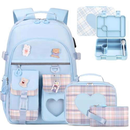 ACESAK Girls Backpack - Bento Box with Insulated Lunch Bag Pencil Case & Utensils Set for Kids, 6 Leakproof Compartments Removable Tray Lunches or Snack Container for School (Blue) - color: Blue