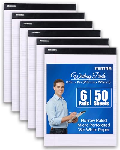 Mintra Office White Legal Pads – Ruled Notepads and Micro-Perforated Sheets, Ideal for Writing, Note-Taking & Creativity, Office, or Professional Use, Basic Pad 6 pack, 8.5"x11" (Narrow Ruled) - color: White - Basic Pad, size: Narrow