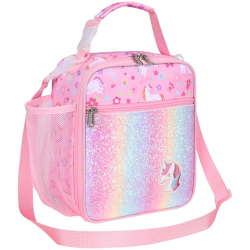 Bagseri Kids Lunch Bag with Shoulder Strap - Insulated School Lunch Box | Easy Carry Handle, Leak Proof, Water Bottle Holder, Roomy Toddler Lunch Box for Snacks, Drinks, Picnics, Trip, Pink Unicorn - color: B Glitter Pink Unicorn, size: Crossbody Strap Se