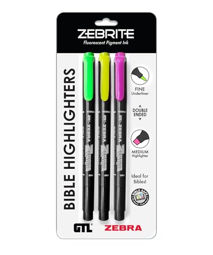 G.T. Luscombe Company, Inc. Zebrite Double Ended Bible Highlighter Set | No Bleed Pigmented Ink | No Fading or Smearing | Double Ended for Highlighting & Underlining | Green, Yellow, Pink (Set of 3) - size: 1 Count (Pack of 3)