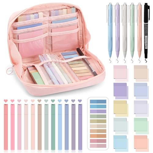 Jutom 39 Pcs Aesthetic Book Annotation Kit Highlighter with Case Bag Gel Pen Transparent Sticky Note Taking Bible Supplies(Pink,Kawaii Style) - color: Pink, style: Kawaii Style