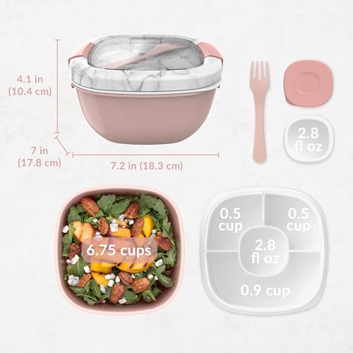 Bentgo Salad Container - 54 oz Bowl with 4-Compartment Toppings Tray, Dressing Container, Reusable Fork, BPA-Free Lunch Box for Meal Prep & Food Storage; Removable Bento Tray (Blush Marble) - color: Blush Marble