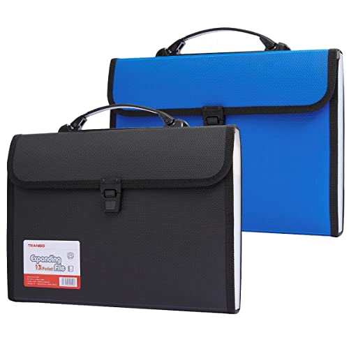 2 Pack Extra Large Legal Size/Foolscap 12 Pockets Accordion File Organizer with Handle, TRANBO Portable Expanding File Folder, Expandable Plastic Document Organizer for Travel School Office - color: 12 Pockets,1 of Each Black and Blue, size: Legal Size &
