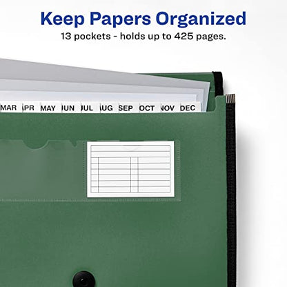 Avery Expanding File Folder Organizer, 13-Pocket Accordion File Organizer, Sage, Holds 425 Letter/A4-Size Sheets (73555)