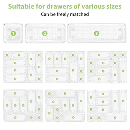 12 Piece Clear Drawer Organizer Set, 3 Sizes Bathroom Vanity Organizer Trays and Storage Bins for Makeup, Cosmetics, Jewelry, and Gadgets. Perfect for Office, Kitchen, Bedroom, Bathroom Use. - size: 12pcs-3size