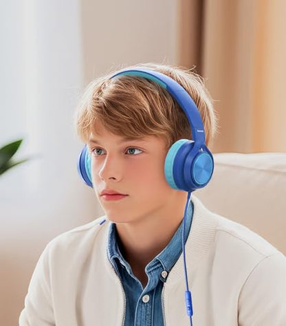 Bywulanda USB-C Kids Headphones with Mic, Safe Volume Limiter 85/94dB, Adjustable Headband, Foldable Wired Headphones for Boys & Girls, Over Ear Headphones for School/Chromebook/Tablet/Laptop/Travel - color: Navy Blue