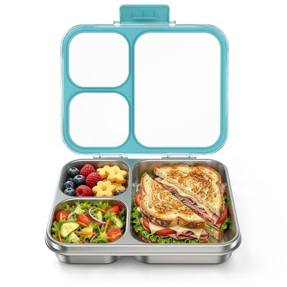 HOMEKOL Stainless Steel Bento Lunch Box 3-Compartment, 4.2Cups, Blue | Leak-Proof Metal Lunch Container for Kids & Adults, BPA-Free, Dishwasher Safe, Clear Tritan Lid, 1000ml (Not Insulated) - color: Blue, size: 34oz (1000ml)