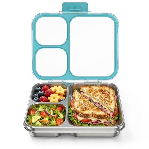HOMEKOL Stainless Steel Bento Lunch Box 3-Compartment, 4.2Cups, Blue | Leak-Proof Metal Lunch Container for Kids & Adults, BPA-Free, Dishwasher Safe, Clear Tritan Lid, 1000ml (Not Insulated) - color: Blue, size: 34oz (1000ml)