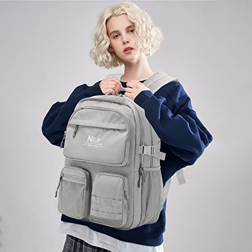 Water Resistant Backpack for Teen Girls Boys Students, Casual Multi Pockets Daypack with 15.6 inch Laptop pocket for Travel School College (Grey) - color: Grey With Embroidery