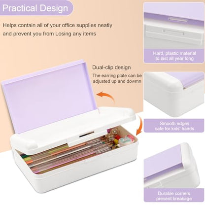 SFLHHDM Pencil Box, Double Layer Large Capacity, White Purple, 1pcs | Plastic, Snap-tight Lid, Stackable Storage, For Gel Pen Pencils Crayons - color: White Purple-1pcs