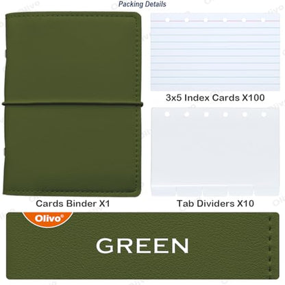 3x5 Lined Index Cards with Ring Binder Holder and Dividers, 100 Note Cards, Green - color: Green