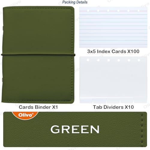 3x5 Lined Index Cards with Ring Binder Holder and Dividers, 100 Note Cards, Green - color: Green