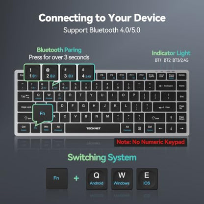 TECKNET Bluetooth Keyboard Rechargeable, 4-Device (2.4G+3BT) Wireless Keyboard, Small Ultra-Slim Keyboard, 14 Hotkeys Computer Keyboard for PC/Laptop/Tablet/iPad, Sliver-Black - color: Sliver-black