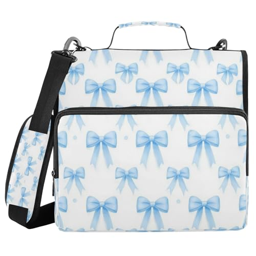Caikeny 3 Ring Zipper Binder Coquette Bow Blue Polka Dots 1.5 inch Binders Bag with Shoulder Strap and Handle Expanding File Pockets - color: Multicolored 1z2.15