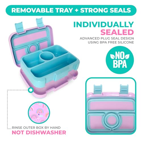 Bento Lunch Box with Insulated Bag, Water Bottle & Ice Pack Set for Kids Toddlers, 4 Portion Sections, Removable Tray, Pre-School Girl Kid Toddler Daycare Lunches, Snack Container, Purple Rainbow - color: Rainbow Set