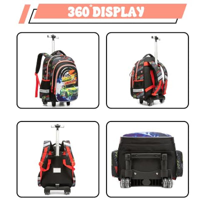 Meetbelify Rolling Backpack for Boys Backpacks with Wheels for Elementary Preschool Students 3 in 1 Kids Rolling Backpacks with Lunch Box Pencil Case Travel Luggage for Boys Age 8-10 - color: 02 Car