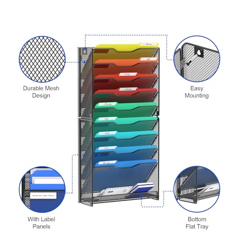 samstar 10 Tier Wall File Organizer, Hanging Wall Mount File Holder Paper Folder Mail Organizer, Mesh Metal, Black. - color: Black 10 Tier 1 Pack