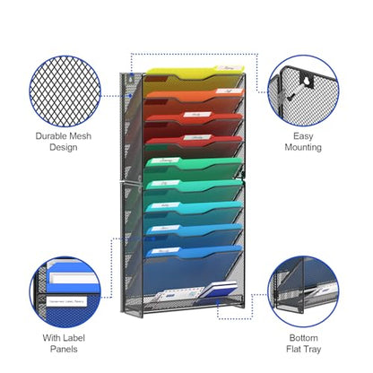 samstar 10 Tier Wall File Organizer, Hanging Wall Mount File Holder Paper Folder Mail Organizer, Mesh Metal, Black. - color: Black 10 Tier 1 Pack